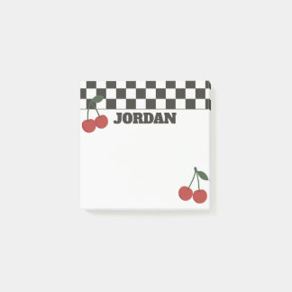 Trendy Checkerboard & Cherry Custom Name Post-it Klebezettel