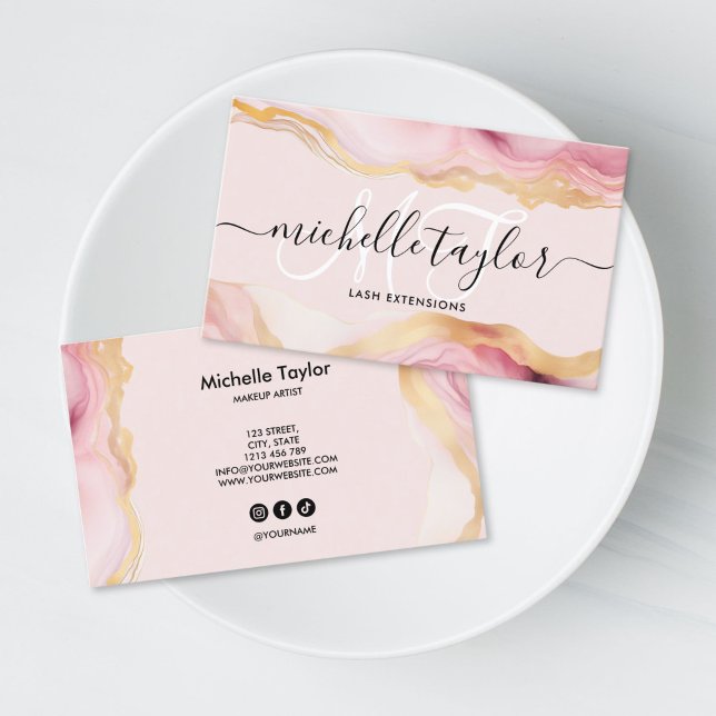 Trendy Chic Blush Pink Monogram Makeup Artist Hair Visitenkarte (blush pink agate gold monogram business card for makeup, hair dresser and beauty salon)