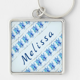 Trendy Chic Botanical Blue Watercolor Blume Schlüsselanhänger