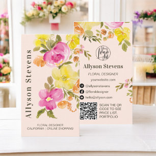 Trendy chic floral Aquarell rosa Logo qr Code Visitenkarte