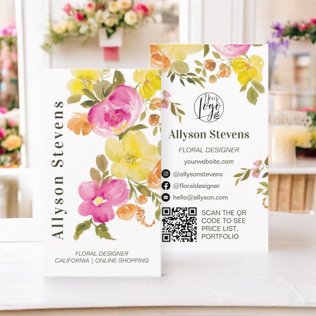 Trendy chic floral Aquarell weißes Logo qr Code Visitenkarte (Trendy chic floral watercolor white logo qr code business card)