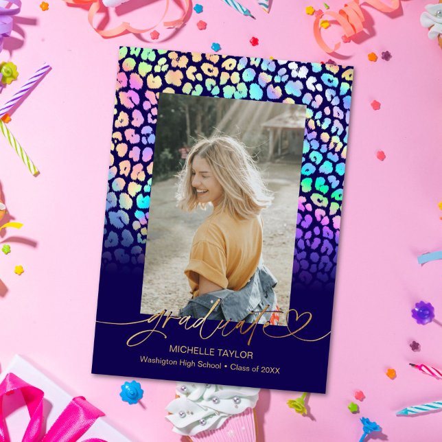 Trendy Chic Moderne Leopard Foto Abschluss Ankündigung (chic modern leopard safari photo graduation announcement)