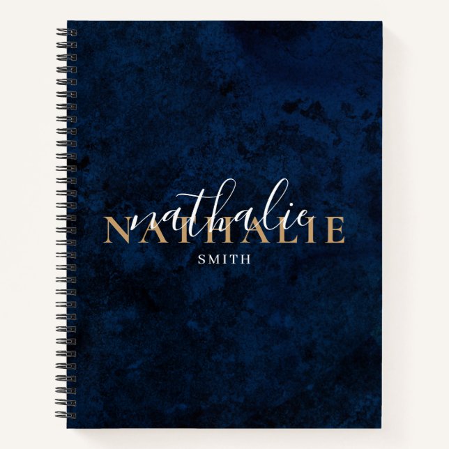 Trendy Chic Navy Blue Gold Name Notizbuch (Vorderseite)