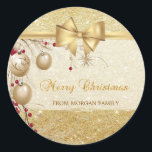 Trendy Christmas Balls Imitats Gold Bow, Glitterie Runder Aufkleber<br><div class="desc">Eleganter Weihnachtsbaum auf Imitaten goldene glänzende Hintergrundmusik.</div>
