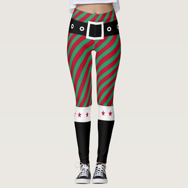 Trendy Christmas Green Stripes Candy Cane Elf Leggings (Vorderseite)