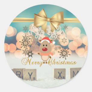 Trendy Christmas Rentier, Imitate Gold Bow, Bokeh Runder Aufkleber
