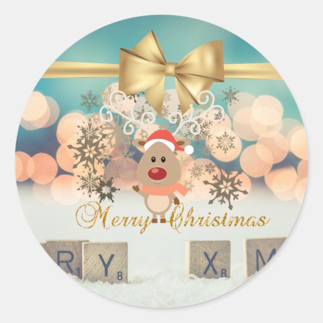 Trendy Christmas Rentier, Imitate Gold Bow, Bokeh Runder Aufkleber (Vorderseite)