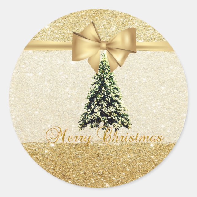 Trendy Christmas Tree, Imitate Gold Bow, Glittery Runder Aufkleber (Vorderseite)