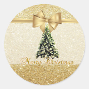 Trendy Christmas Tree, Imitate Gold Bow, Glittery Runder Aufkleber