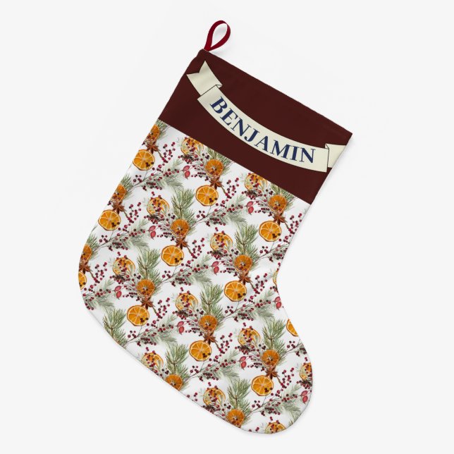 Trendy Citrus Orange Rustic PIne Greenery Großer Weihnachtsstrumpf (Vorderansicht (hängend))