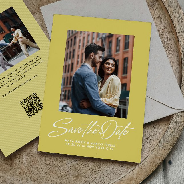 Trendy citrus yellow stylish script two photo save the date (Von Creator hochgeladen)