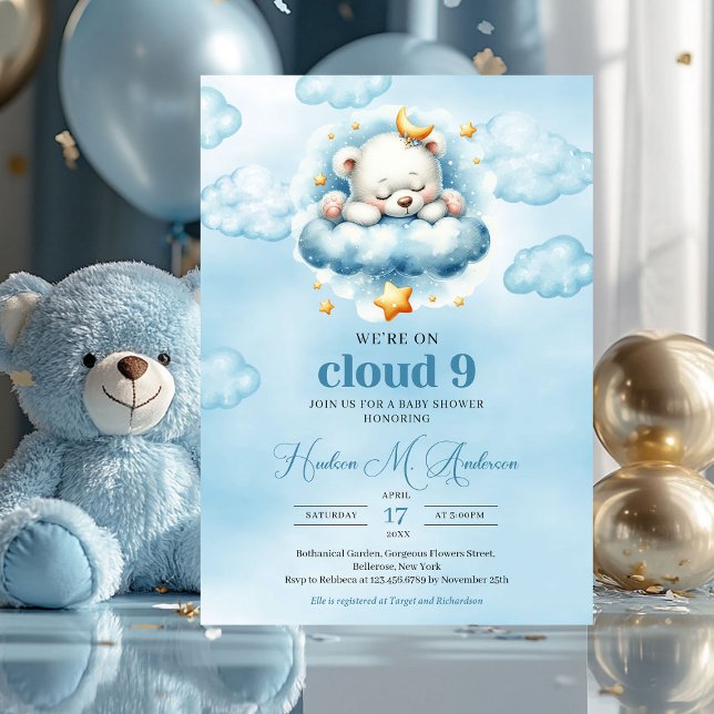 Trendy Cloud 9 Teddy Bär Boy Baby Showdusche Einladung (we're on cloud nine - sleeping teddy bear boy baby shower invitation)