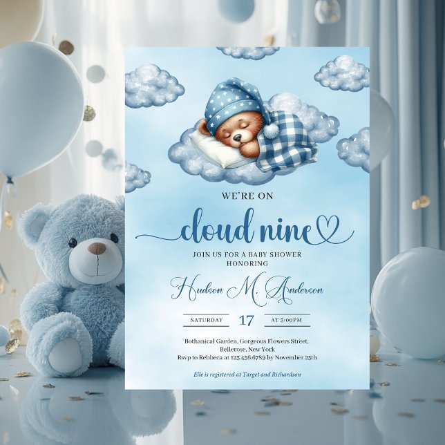 Trendy Cloud 9 Teddy Bär Boy Baby Showdusche Einladung (cloud nine sleeping teddy bear boy baby shower invitation)