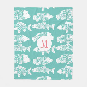 Trendy Coastal White Floral Fish   Monogramm Fleecedecke
