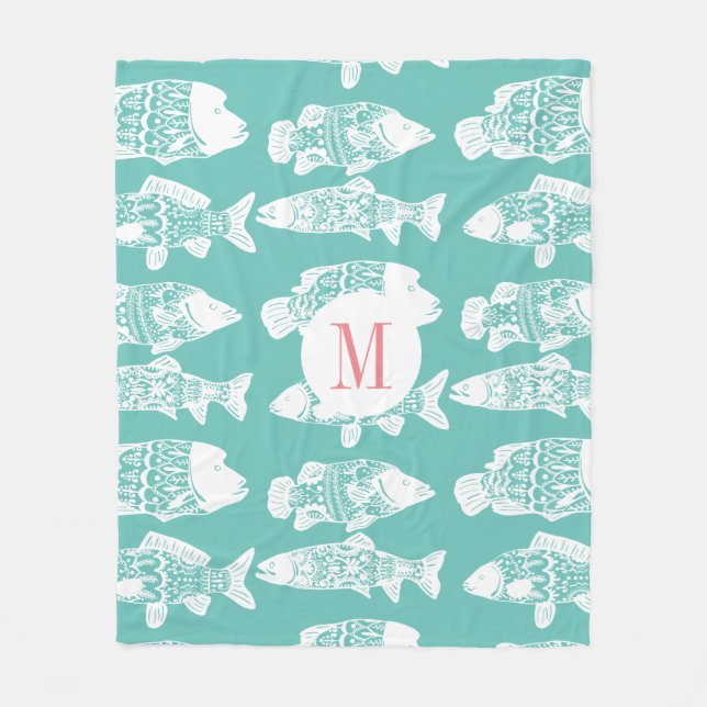 Trendy Coastal White Floral Fish | Monogramm Fleecedecke (Vorderseite)