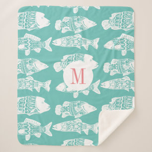 Trendy Coastal White Floral Fish & Sea Green Sherpadecke
