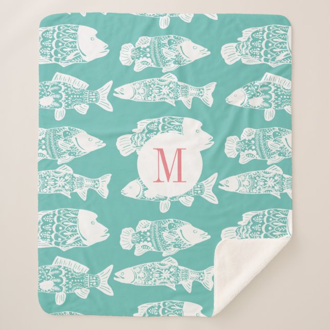 Trendy Coastal White Floral Fish & Sea Green Sherpadecke (Vorderseite)