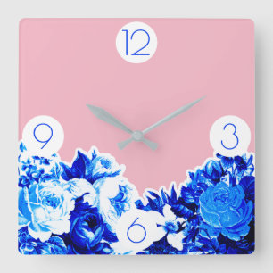 Trendy Cobalt Blue Flowers & Blush Pink Quadratische Wanduhr