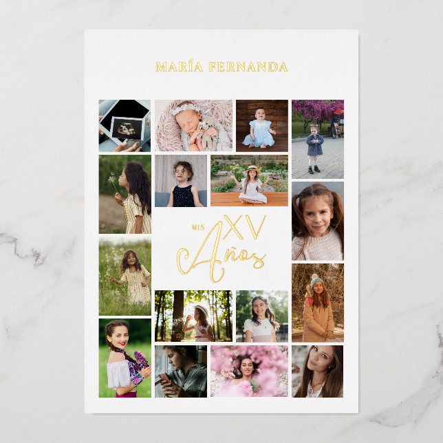 Trendy Collage 15 Años 16 Fotos Spanische Zeitlini Folieneinladung (Vorderseite)