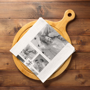 Trendy Collage Family Foto Black & White Initial Geschirrtuch