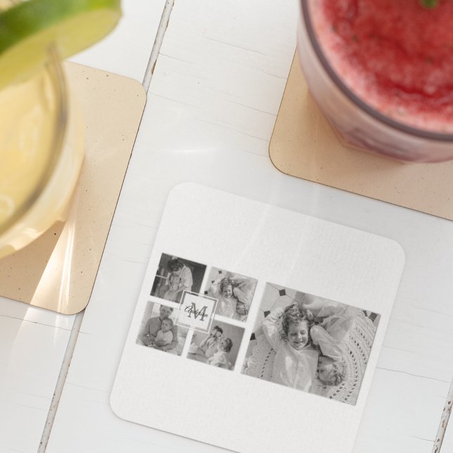 Trendy Collage Family Foto Black & White Initial Rechteckiger Pappuntersetzer (Von Creator hochgeladen)