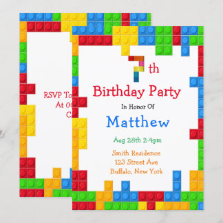 Trendy Colorful Gebäude Blocks 7. Geburtstagsparty Einladung