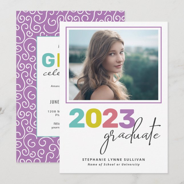 Trendy Colorful Letings Modernes Grad Party Einladung (Vorne/Hinten)