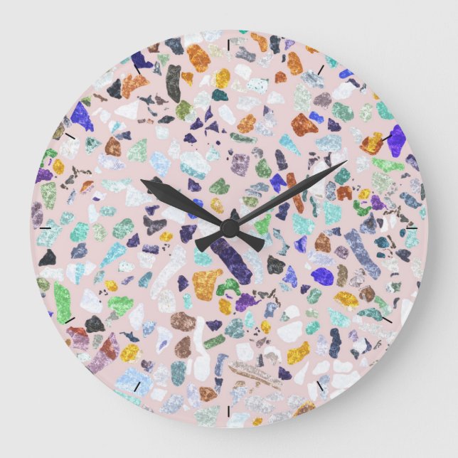 Trendy Colorful Shiny Stones Terrazzo Rosa Design Große Wanduhr (Vorderseite)