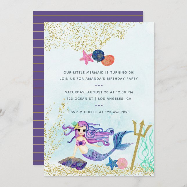 Trendy Colorways Mermaid themed Birthday Party Einladung (Vorne/Hinten)