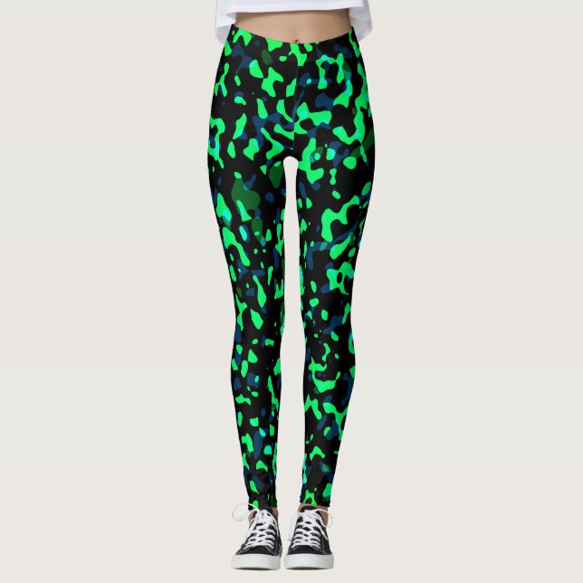 Trendy Cool Blue Green Black Camouflage Leggings (Vorderseite)