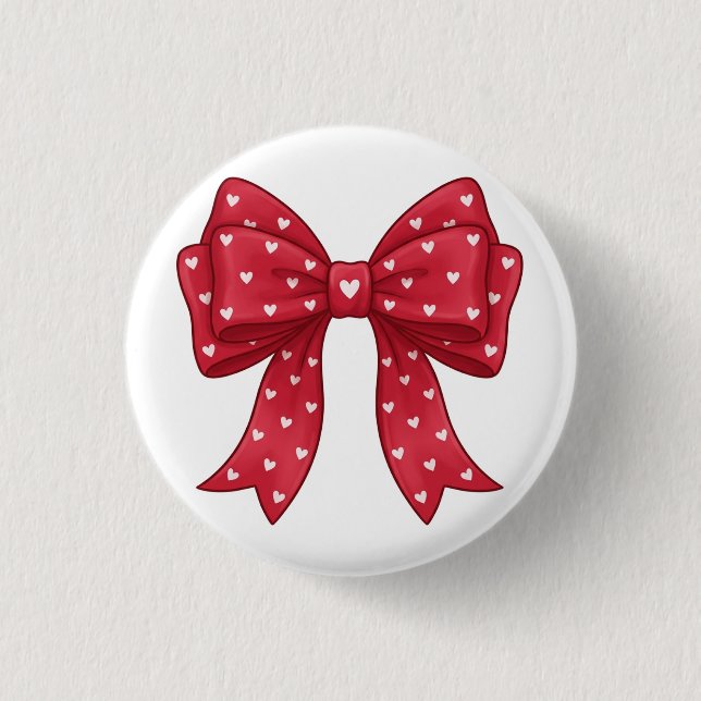 Trendy Coquette Red Ribbon Bow with White Hearts Button (Vorderseite)