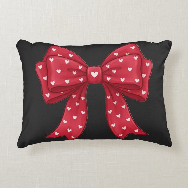Trendy Coquette Red Ribbon Bow with White Hearts Dekokissen (Vorderseite)