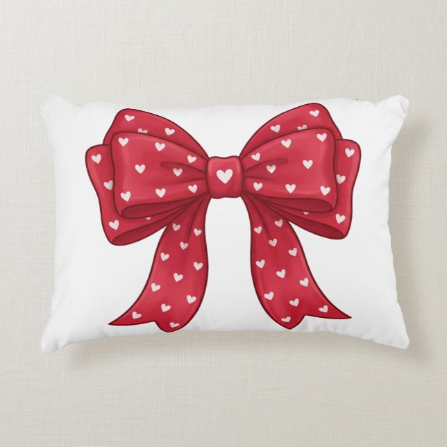 Trendy Coquette Red Ribbon Bow with White Hearts Dekokissen (Vorderseite)