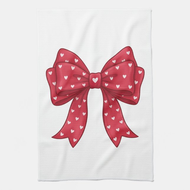 Trendy Coquette Red Ribbon Bow with White Hearts Geschirrtuch (Vertikal)