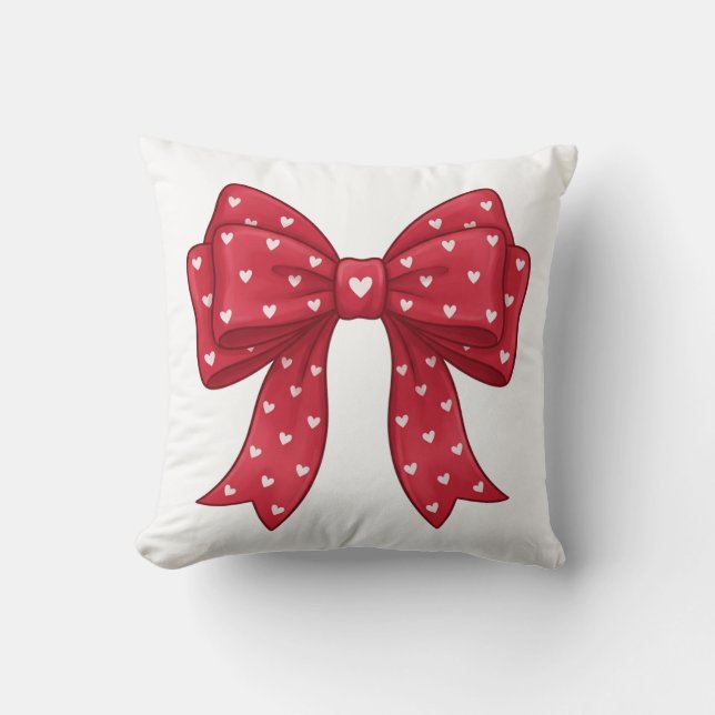 Trendy Coquette Red Ribbon Bow with White Hearts Kissen (Vorderseite)