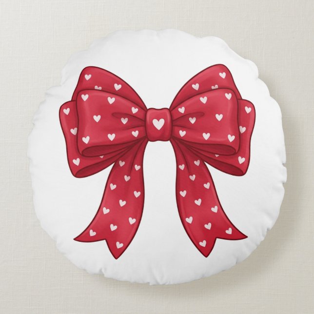 Trendy Coquette Red Ribbon Bow with White Hearts Rundes Kissen (Vorderseite)