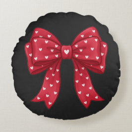 Trendy Coquette Red Ribbon Bow with White Hearts Rundes Kissen
