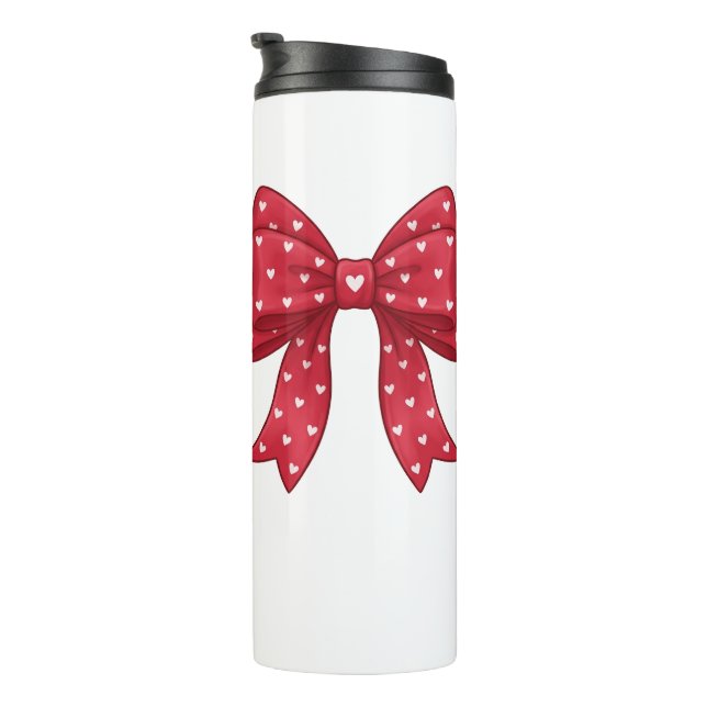 Trendy Coquette Red Ribbon Bow with White Hearts Thermosbecher (Nach rechts gedreht)