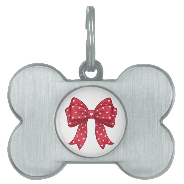 Trendy Coquette Red Ribbon Bow with White Hearts Tiermarke (Vorderseite)