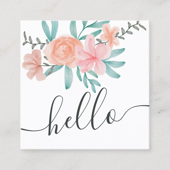 Trendy Coral floral Aquarell hello Skript Quadratische Visitenkarte (Vorderseite)