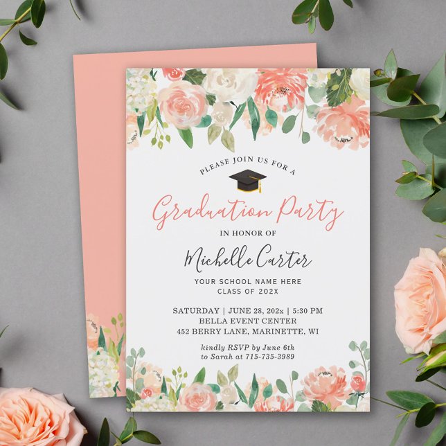 Trendy Coral Peach Floral Girl Graduation Party Einladung (Von Creator hochgeladen)