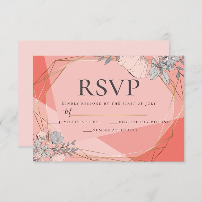 Trendy Coral Wedding RSVP Floral Gold Frame Einladung (Vorne/Hinten)