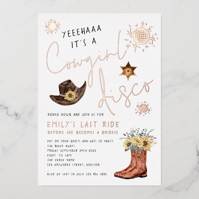Trendy Cowgirl Disco Junggeselinnen-Abschied Real Folieneinladung (Vorderseite)