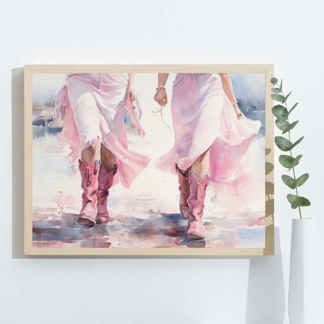 Trendy Cowgirls Boots Watercolor Walking on Beach Poster (Preppy Cowgirl Boots walking on Beach Coastal Pink Blue Watercolor Poster Wall Art Print)
