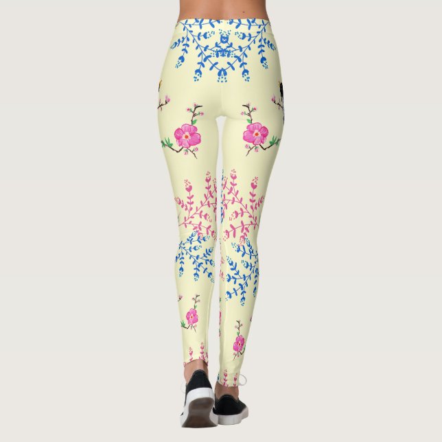 Trendy Cream Floral Blume Natur Vögel Leggings (Rückseite)