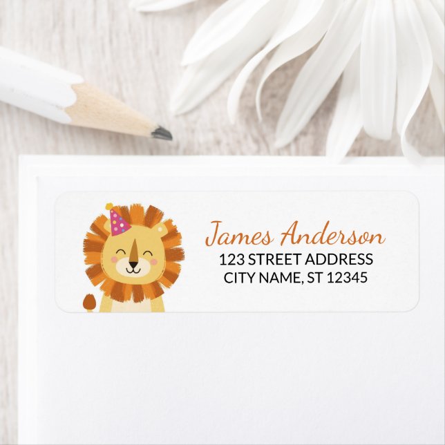 Trendy Cute Lion With Party Hat Return Address     (Insitu)