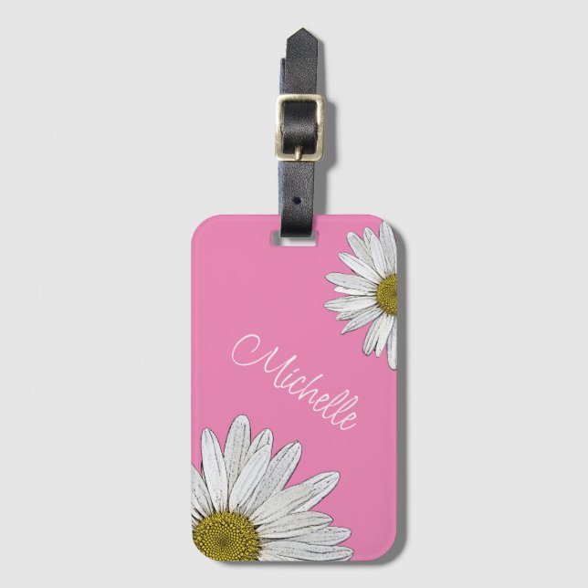 Trendy Daisies Personalisiert Girly Pink Gepäckanhänger (Vorderseite Vertikal)