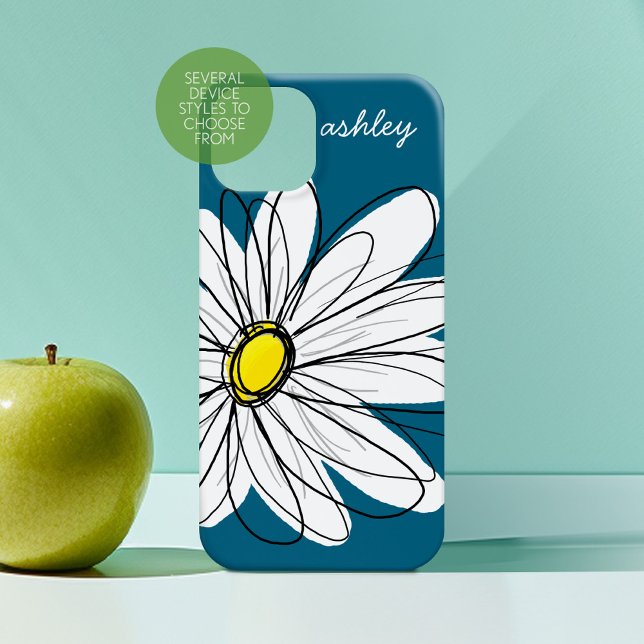 Trendy Daisy Floral Illustration - blau und gelb Case-Mate iPhone Hülle (Personalized Phone Case with Custom Text)
