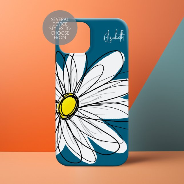 Trendy Daisy Floral Illustration blau und gelb Case-Mate iPhone Hülle (Personalized Phone Case with Whimsical Daisy and Custom Name)