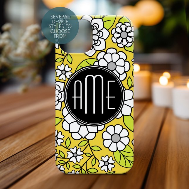 Trendy Daisy Floral Illustration - grau und gelb Case-Mate iPhone Hülle (Personalized Phone Case with Monogram)